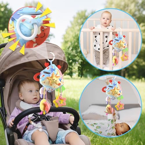 Caterbee Baby Tissue Box Toy with Hanging Hook, Sensory Pull Out Fabric Tissues, Rattle & Teether, Montessori Hanging Toy for Stroller, Car Seat & Crib, Infant Development Toy (Ocean) - Image 2