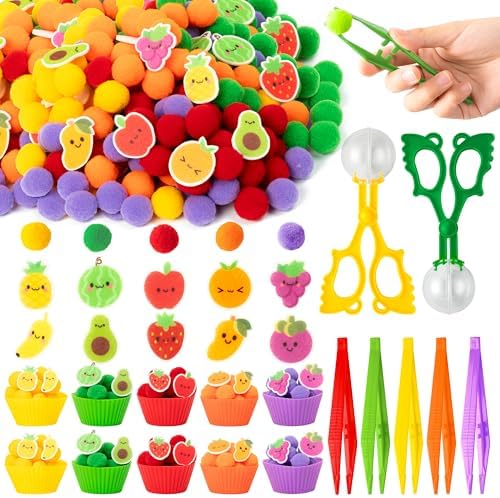 EZdhuawuse Summer Sensory Bin Fillers - 268P Summer Fruit Fine Motor Toys Counting Sorting for Kids, Color Sorting Set with Felt Banana Pom Poms Cup Clip for Preschool Education Birthday Party Favors by EZdhuawuse
