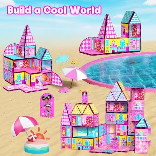 Magnetic Tiles 52PCS Magnetic Building Blocks for Kids Ages 3-5 4-8, STEM Montessori Preschool Classroom Must Haves, Toddler Sensory Educational Toys for Boys Girls, Christmas Birthday Gift(Pink) - Image 6