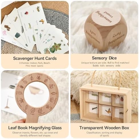 Wooden Scavenger Hunt for Kids Ages 4-8, 6-in-1 Explorer Kit, Bug Catching Kit with Scavenger Hunt Cards, Storage Box, Dice, Magnifying Glass, Indoor/Outdoor Games for Kids Ages 4+ - Image 6