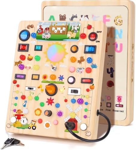 Busy Board with 19 LED Light Switches, Montessori Toys for 1 2 3 Years Old, Wooden Sensory Board, Toddlers Activity Travel Toys for 1 2 3 Year Old Boy & Girl Birthday Gift (Big Farm) by iHarPro