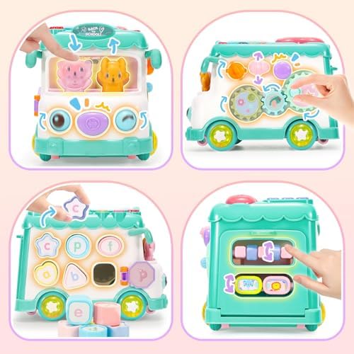 AmiDear Baby Gift for 1-2 Year Old Girl, 10-in-1 Montessori Toys Bus for Baby 6-12-18 Months+, First Christmas and Birthday Gifts, Blue Educational Musical Sensory Learning Toddler Toys Age 1-2 - Image 3