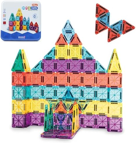 Mini Magnetic Tiles 34PCS Travel Set with Metal Box for Kids 3-6 by ORIENTFIRE