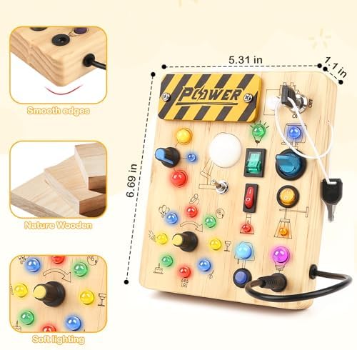 LED Busy Board for Toddlers 1-3,Montessori Sensory Toy with Key Switch and Plug, Light Up Wood Activity Switch Board for Fine Motor Skills, Educational Travel Toy Gift for 1 2 3 Year Old Boys Girls - Image 5