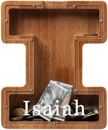 Personalized 12" Extra Large Wooden Letter Piggy Bank for Kids Boys Girls, (Laser Engraved Name) Custom Initial Letter Shape Piggy Bank, Alphabet Coin Bank Grandchildren Birthday by Ladenk