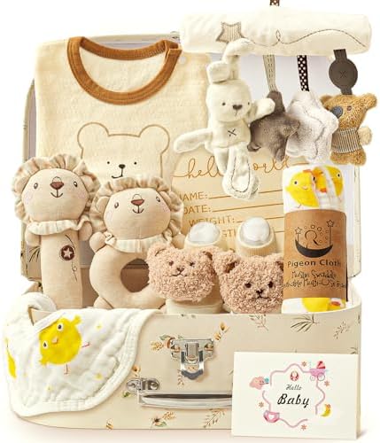 Golray 9pcs Newborn Baby Gift Baskets for Boys Girls Baby Shower, 2 Rattle/Seat Hang Toy/Blanket/Bodysuit/Bib/ 3D Socks/Wood Milestone/Carry Box, Neutral New Born Essential Stuff Unisex Baby Gifts Boy by Golray