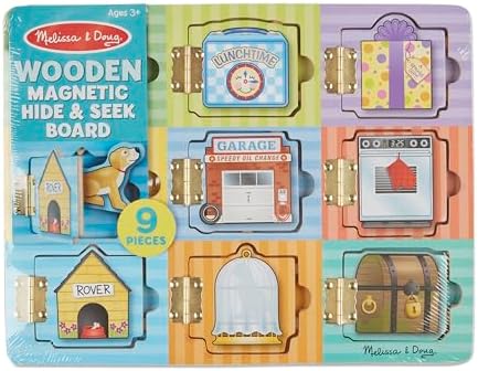 Melissa & Doug Wooden Hide & Seek Activity Board – Montessori Busy Board with Hinges, Doors & 9 Wooden Magnetic Puzzles, Educational Preschool Learning Toy for Toddlers & Kids Ages 3+ - Image 6