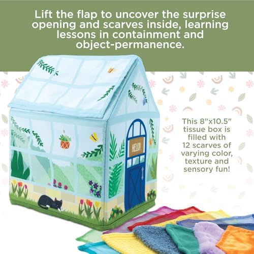 MindWare Sensory Sprouts Tissue Scarf - Montessori Toys for Babies 6-12 Months - Soft Greenhouse-Shaped Tissue Box and 12 Sensory Scarves Featuring Different Textures - Image 4