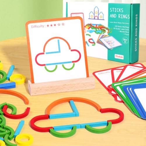 Montessori Smart Sticks Progressive Wooden Montessori Brain Blocks Colorful Fine Motor Skills & Shape Recognition Sticks and Rings Puzzle Game for Boys Girls 3+ - Image 4