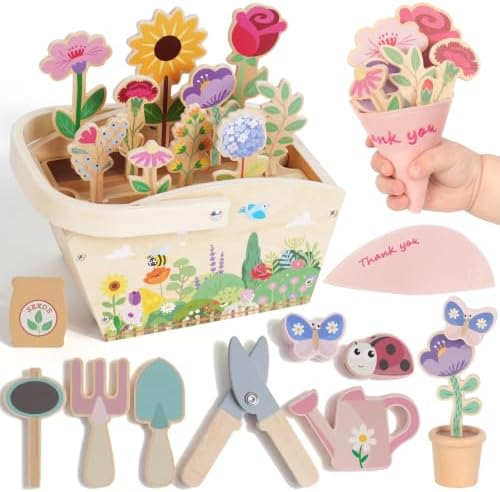 WOODENFUN Wooden Pretend Play Toys for Kids, 22Pcs Flower Garden Playset by WOODENFUN