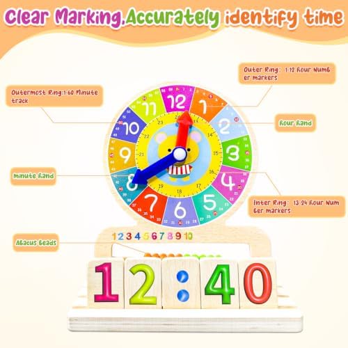 Wooden Teaching Clocks for Kids, Analog Clock Time Learning Activity Toy - Image 4