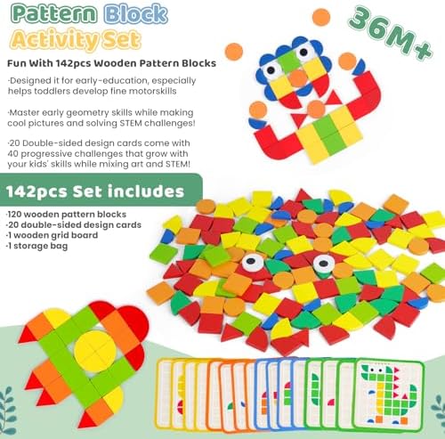Wooden Pattern Blocks with Grid Board 142PCS Wood Mosaic Tiles Montessori Shape Puzzle Tangrams for Kids with Storage Bag Preschool Educational Toys for Boys Girls Ages 3+ - Image 2