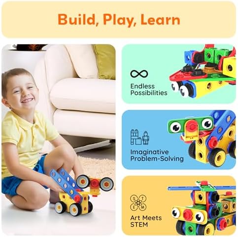 PicassoTiles 201pc STEM Learning Block Construction Kit with Power Drill and Clickable Ratchet Educational Engineering Toy Set Kids Age 3 Plus Preschool Activity Creative Play with Idea Book PTN201 - Image 4