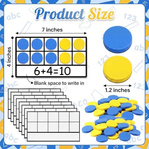 Ireer 10 Sets Bulk Magnetic Ten Frames for Classroom 100 Magnetic Math Counters and 10 Boards Kindergarten Classroom Must Haves Math Manipulatives for Home Prek Preschool Elementary(Yellow Blue) - Image 2