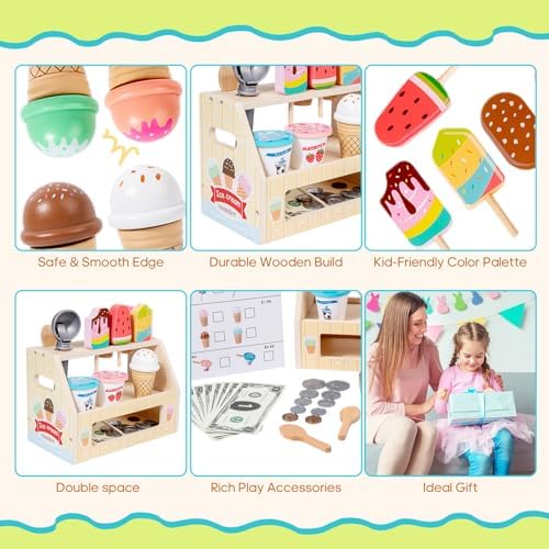 BROWNROOT Wooden Ice Cream Shop Toy with Menu and Play Money for Kids - Image 5