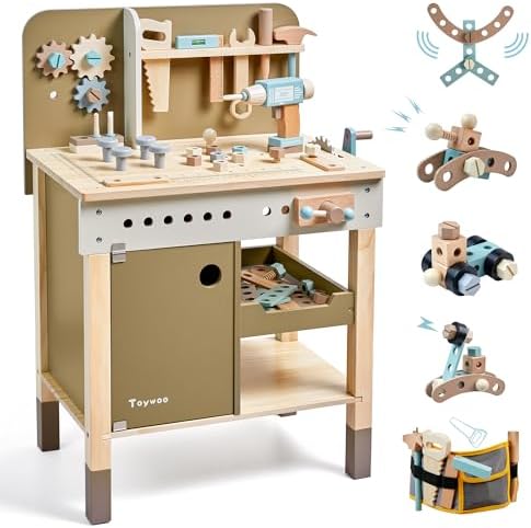 Kids Tool Set,Wooden Tools Bench with Apron Toddler Toy Workbench with Realistic Tools Electric Drill STEM Construction Toy Gifts for Age 3-9 Boys Girls by Toywoo