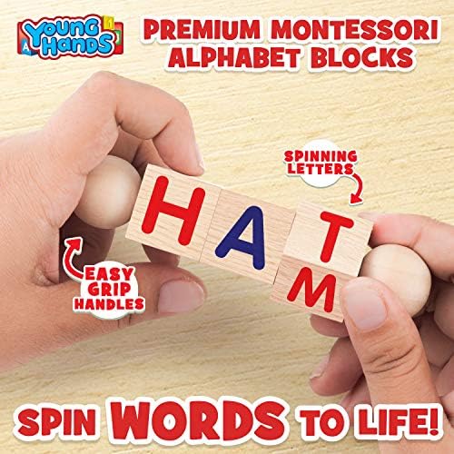 Creative Kids Wooden Reading Blocks - Set of 5 Spinning Alphabet Blocks w/Easy-Grip Handles - Kindergarten Preschool Learning Activities Letter Work - Wooden Montessori Toys Gifts for Kids Toddlers - Image 3