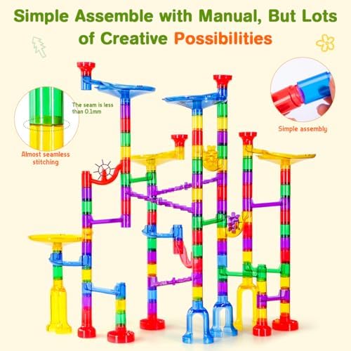 Meland Marble Run - 132Pcs Marble Maze Game Building Toy for Kid, Marble Track Race Set & STEM Learning Toys for Boy Girl Age 3 4 5 6 7 8 9+ (102 Translucent Marbulous Pcs & 30 Glass Marbles) - Image 5