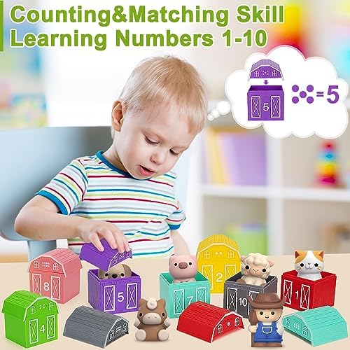 Learning Toys for 1,2,3 Year Old Toddlers, 20Pcs Farm Animals Barn Toy Montessori Counting, Matching & Sorting Fine Motor Games, Christmas Birthday Easter Gift for Baby Boys Girls Age 12-18 Months - Image 6