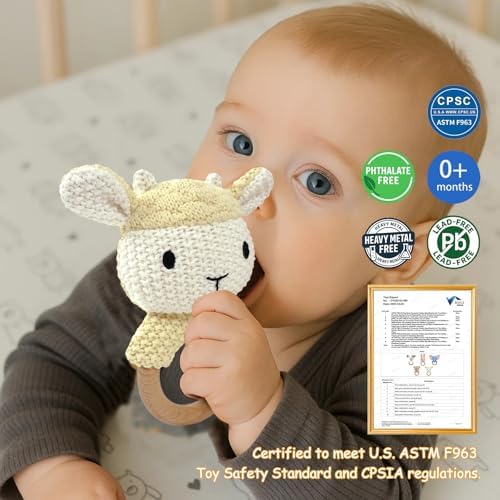 Sheep Baby Rattle for Newborn Plush Rings Crochet Lamb Teether Toy Baby Shower Wood Handle Textured Sensory Grip Fine Motor Skills Teething Toy Cute Farm Animal Plush Stuffed Stuffer Photo Prop - Image 2