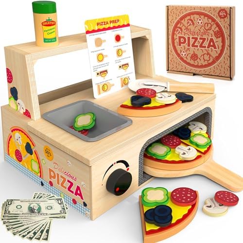 WOODMAM Wooden Pizza Toy, 48 PCS Montessori Pretend Play Food for Ages 3+ by WOODMAM