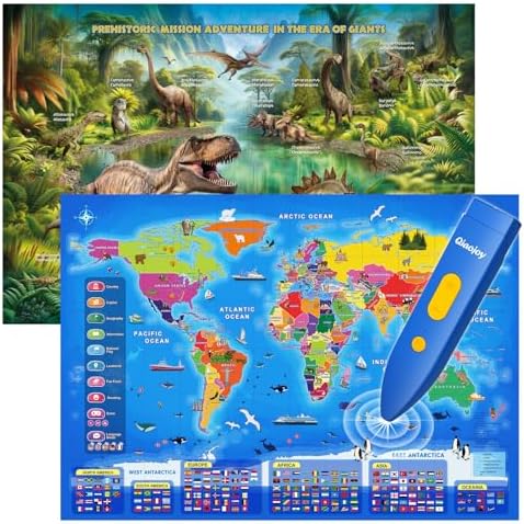Bilingual Interactive Kids Talking World Map & Dinosaur Poster for Learning by Qiaojoy