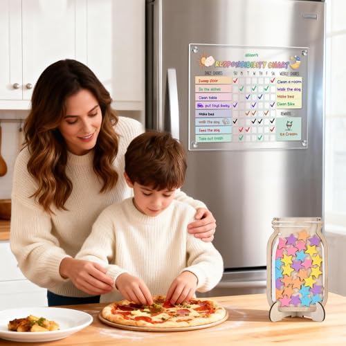 Acrylic Magnetic Kids Chore Board & Star Reward Jar - Dry Erase Fridge Calendar with Erasable Markers, Wooden Stars & DIY Stickers for Visual Schedule, Behavior Tracking & Potty Training Toddlers - Image 5