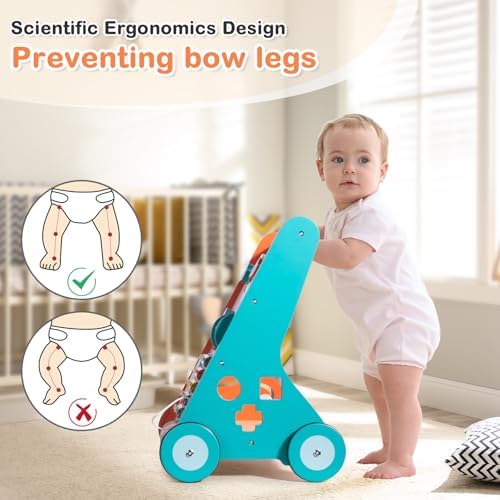 LOL-FUN Push Walker for Baby 12 Months Wooden Toy with Wheels-Orange/Blue - Image 5