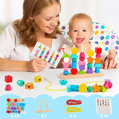 Montessori Wooden Beads Sequencing Toy Set, Stacking Blocks & Lacing Beads & Matching Shape Stacker, Montessori Toys for 3 4 5 Year Old STEM Preschool Learning Toys Gifts for Kids Boy Girl Toddler - Image 2