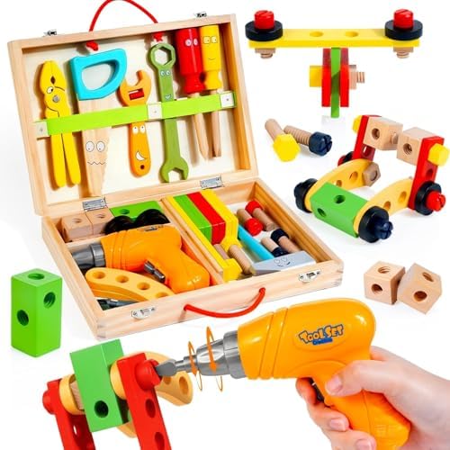 Kids Tool Set with Electric Drill, Montessori Wooden Toys for Boys Girls 3+ by KIDWILLTOY