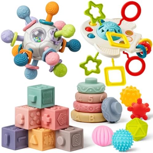 Baby Toys 6 to 12 Months, 5 In 1 Montessori Toys for 1 Year Old, Incl Travel Pull String Toy & Rattle Teether & Stacking Baby Block & Soft Infant Ring & Sensory Ball for Toddler 0-3-6-9-12 Month by Jyusmile