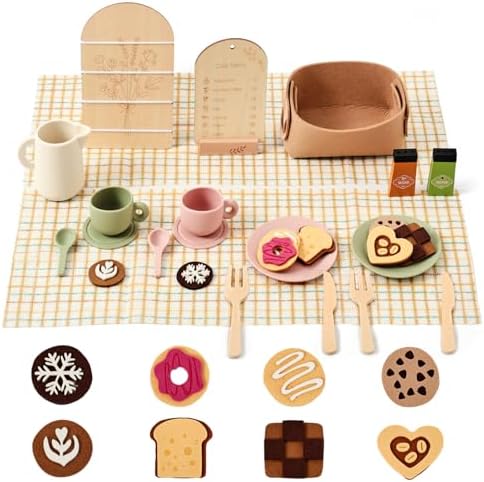 Youuys Tea Party Set for Toddlers 3-5, Wooden & Silicone Pretend Play Tea Set with Desserts, Table Decor Board & Basket, Garden Tea Party Toy for Girls Boys, Birthday Gift for Kids Ages 3+ by YOUUYS