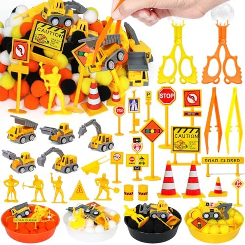 135 Pcs Construction Sensory Bin Items Construction Counting Sorting Sensory Bin Filler Fine Motor 5 Vehicles 14 Road Signs 4 Worker Figures Counts for Easter Day Spring Summer Sorting Counting Decor by Unknown