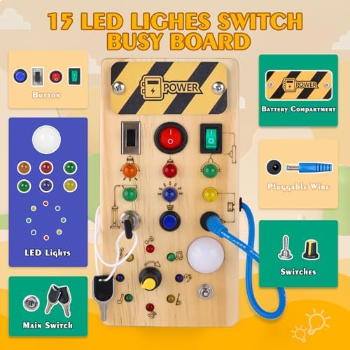 Hoarosall Montessori Wooden Busy Board with 8 LED Light switches, Sensory Toys Light Switch Travel Toys for 1+ Year Old Baby and Toddler - Image 2