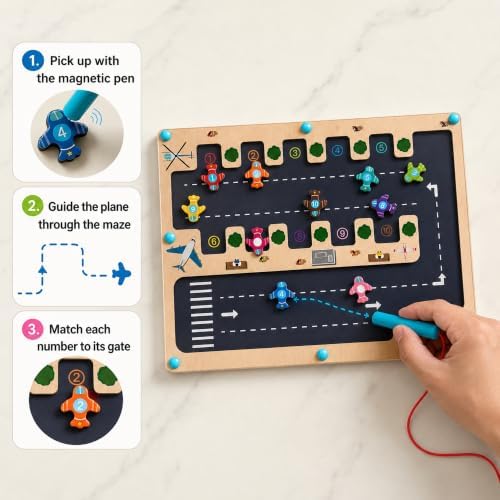 Magnetic Number Maze Toy for Toddlers Ages 3-5, Wooden Airport Parking Puzzle with Magnetic Pen, Montessori Counting & Number Matching Learning Toy, Fine Motor Skills Activity for Boys Girls 3 4 5 - Image 3