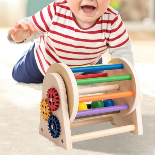 Rolling Drum Toys Wooden Drum Sensory Toy Mirror Knob Puzzle Rainbow Ball Kit Easy to Hold Material Suitable for Children’s - Image 3