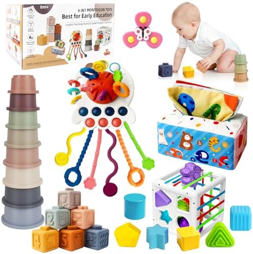 6 in 1 Montessori Baby Toys for 6-12 Months — Pull String Toy, Sensory Bin, Stacking Cups, Tissue Box, Suction Cup Spinner, Stacking Blocks, Infant Gift Set for 1-3 Year Old Boy Girls by EPOGG