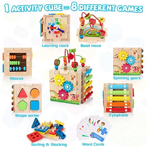 Bravmate Wooden Activity Cube, 8-in-1 Wooden Montessori Learning Toys for 18 M+ Toddlers, One Year Old First Birthday Gift, Baby Toy Set with Bonus Sorting & Stacking Board - Image 2