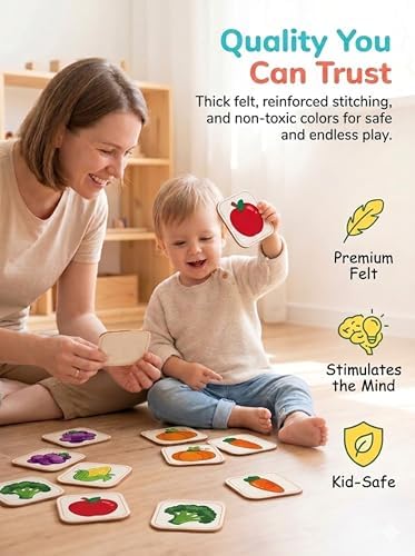 Felt Matching Game for Toddlers, Fruit Vegetable Montessori Toys Travel Toys for 1-3 Memory Flash Cards for 2 3 Year Old, Soft Safe Preschool Educational Gifts for Boys Girls - Image 2
