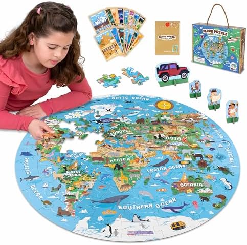 BONNYCO Giant Floor Puzzles for Kids World Map with 70 Large Pieces. Round Globe Puzzle with Animals, 23 x 23 in, 15 Cards, 4 3D Figures, Guide. Learning Gifts, Toys for 4 Year Old Boys by BONNYCO