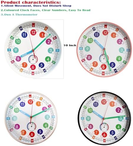 Learning Time Clock for Kids ，10Inch Colorful Clock Face Silent Clocks，Bedroom,Kitchen,Classroom,Clear Digital，Décor at School, Clear Digital Wall Clock for Kids Room (White) - Image 2