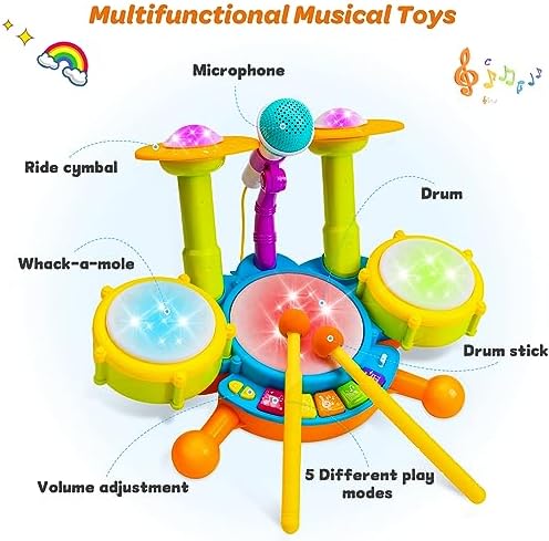 Kids Drum Set for Toddlers Musical Baby Toys Boy Gifts Montessori Baby Girl Toys with Microphone Light Up Learning Toys Birthday Gifts for Infants Toddler Age 3+ - Image 3