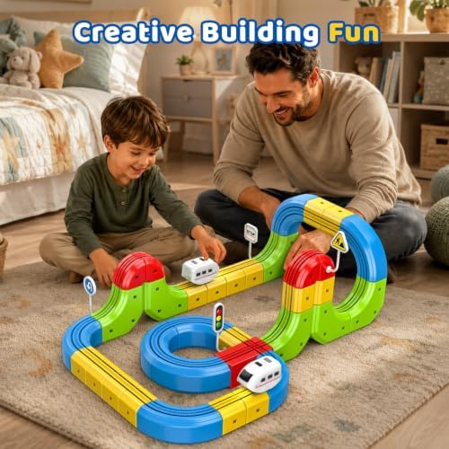 Electric Train Set for Kids Ages 4-8, 52 PCS DIY 3D Train Tracks Building Blocks, Kids' Electric Vehicles Race Car Toy, STEM Car Toys Birthday Gift for Boys Girls 3 4 5 6 7 8 9 Year Old - Image 6