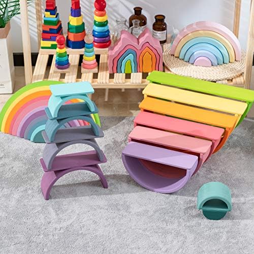 Wooden Rainbow Stacking Toy, 12 Piece Multicolor Wooden Arch Stacker, Extra Large Pastel Bow Shaped Stacking Toy, Nesting Puzzle Building Blocks Educational Toys for Kids Toddlers - Image 6