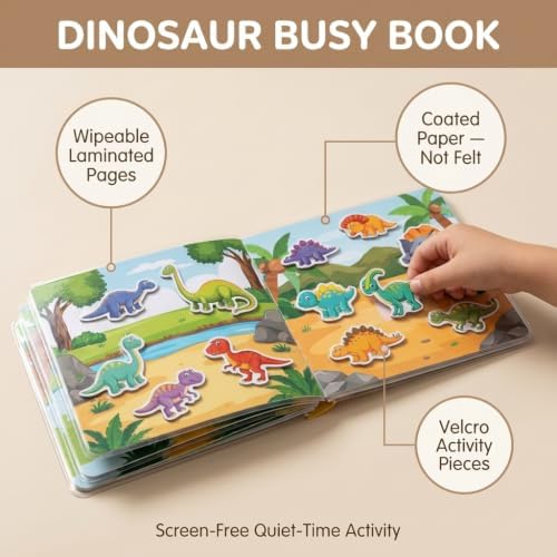 Montessori Busy Book (Dinosaur Theme) – Preschool Learning Activities for Ages 3+, Fine Motor Skills, Interactive Velcro Activity Book, Travel Toy for Kids - Image 2