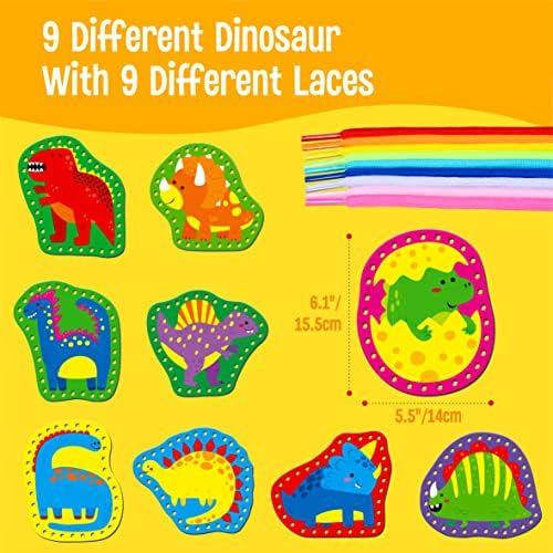 SpriteGru 9 Pieces Kids Lacing Cards, Double Sided Sewing Cards in 9 Dinosaurs with 9 Colorful Laces, Imagination Development Lacing Toys Games for Children Educational and Learning Activity - Image 2