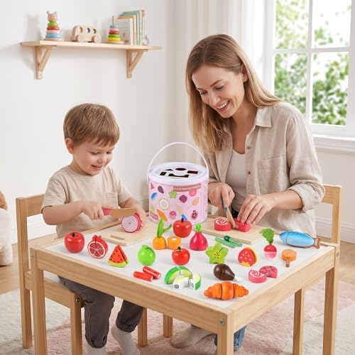 WHOHOLL 45 Pcs Wooden Play Food Cutting Toys for Kids Kitchen, Pretend Fruit and Vegetable Set with Storage Bucket, Play Kitchen Accessories Birthday Gift for Boys Girls Ages 3 4 5 6 - Image 3