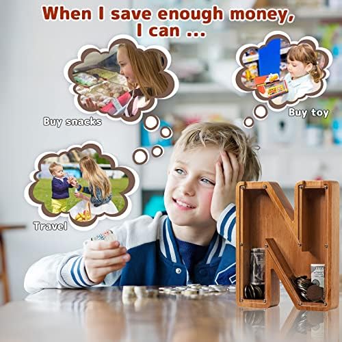 Personalized Large Wooden Kids Letter Piggy Bank - (Laser Engraved) Custom Piggy Bank for Boys Girls - Wooden Banks with Initials - Alphabet Money Box Bank Birthday Letter N Bank - Image 5