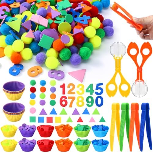 Blosssound 550 Pcs Fine Motor Toys for Kids Tweezers Pom Poms Counting by Blosssound