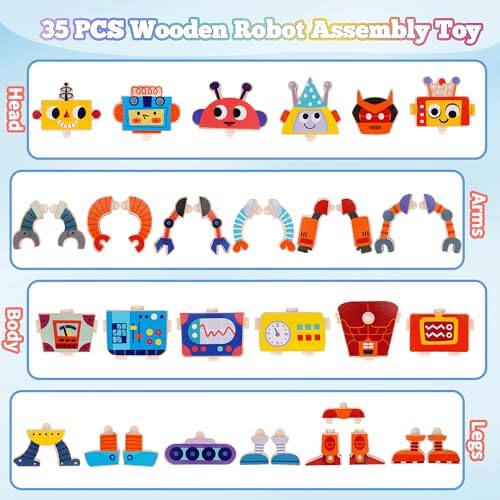 ATOYUS Wooden Montessori Robot Building Blocks Toys for Kids 3-5, 35-Piece - Image 6